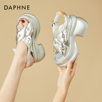 DAPHNE 達芙妮 銀色涼鞋坡跟高跟鞋女小個子增高2024新款夏季松糕厚底涼拖