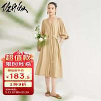 佐丹奴裙子女新款慵懒风不对称绑带V领七分袖衬衫连衣裙18464914 13卡其