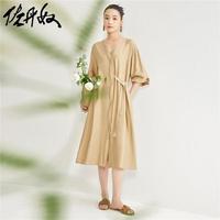 佐丹奴裙子女慵懒风不对称绑带V领七分袖衬衫连衣裙18464914 13卡其 XL