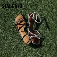 STACCATO 思加图 夏季原野仙踪一字带凉鞋罗马凉鞋细跟女EI114BL4 原野绿黑 38