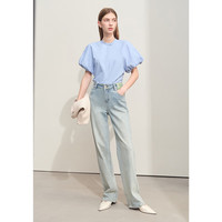 AMII 2024夏纯色小立领灯笼袖修身无弹府绸平纹衬衫女款 天空蓝 170/92A/XL