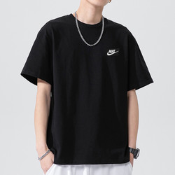 NIKE 耐克 黑色T恤男刺繡logo運動半袖透氣棉質短袖/AR4999-013