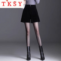 TKSY 灯芯绒短裤女冬季外穿冬高腰显瘦条绒阔腿裤a字靴裤子 黑色 XL