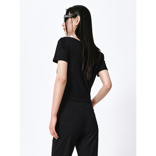 太平鸟假两件扭结T恤女短袖2024夏设计感修身短款针织衫气质 黑色(第一批) L