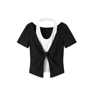 太平鸟假两件扭结T恤女短袖2024夏设计感修身短款针织衫气质 黑色(第一批) L