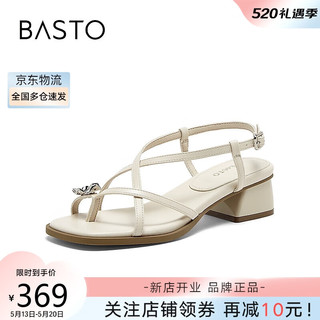 BASTO 百思图 24夏时尚复古条带罗马粗跟女凉鞋M1033BL4 米色 36