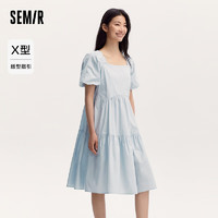 森马（Semir）连衣裙女温柔系木耳边方领2024夏季泡泡袖娃娃裙甜美可爱 冰蓝80900 155/80A/S