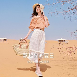 X.YING 香影 泡泡袖民族风上衣女系带度假莱赛尔天丝中袖小衫