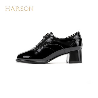 哈森2024春季真皮女鞋深口粗跟单鞋女短靴牛皮革舒适通勤鞋HS247108 黑色 39