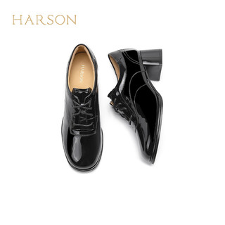 哈森2024春季真皮女鞋深口粗跟单鞋女短靴牛皮革舒适通勤鞋HS247108 黑色 39