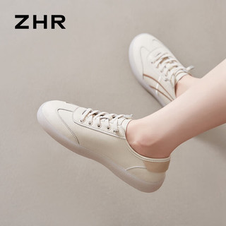 ZHR休闲鞋2024春季新款平底小白鞋女真牛皮软底一脚蹬舒适百搭运动鞋