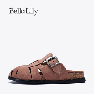 Bella Lily2024夏季牛皮半包拖鞋女一脚蹬镂空单鞋外穿凉拖潮 藕粉色 38