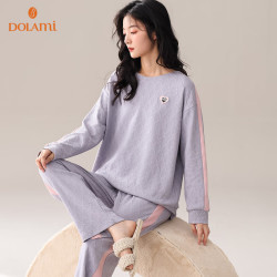dolami多拉美睡衣女春秋棉质长袖休闲可外穿春秋季薄款女士家居服套装