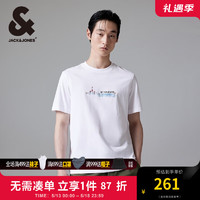 杰克·琼斯（JACK&JONES）夏季男士短袖T恤罗纹圆领印花字母刺绣基础百搭短袖男款224201168 A06 雪白色 常规 A06 雪白色 165/88A/XS