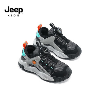 Jeep吉普女童鞋2024夏季儿童运动鞋软底透气网面镂空旋纽扣男童鞋 黑桔 32码  鞋内长约20.5cm