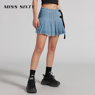 MISS SIXTY2024夏季含醋酸牛仔半裙女甜酷机能风A字百褶短裙 中蓝 XS