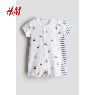 H&M童装女婴家居服2件装夏季棉质舒适印花短袖六一连体睡衣1224625 白色/船 66/48