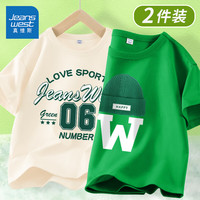 真维斯男童短袖t恤夏季2024大童纯棉潮流卡通半袖儿童夏装休闲上衣 【两件装】杏果绿/J字母06 130cm