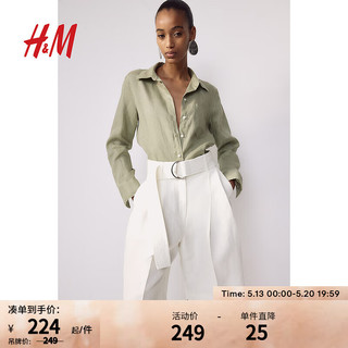 H&M女装衬衫2024夏季时尚休闲舒适透气亚麻有领上衣1219107 浅卡其绿 155/80 XS 155/80A XS