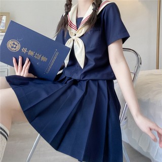 神北JK 绀色三本二本正统jk制服套装基础款水手服中间服班服 米领三本短袖+短裙+领结 S