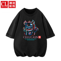 潮流前线 CELUCASN品牌短袖T恤男日系纯棉卡通趣味印花上衣休闲百搭五分袖
