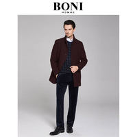 BONI 堡尼 男士冬季新品商务休闲中长款羊毛立领毛呢大衣 紫红 170