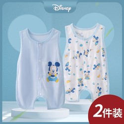 Disney 迪士尼 2件裝 迪士尼嬰兒夏裝無袖側開鏤空琵琶衣夏季薄款寶寶連體衣超萌