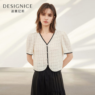 迪赛尼斯（DESIGNICE）2024年夏季通勤风法式气质小衫纯色五分袖蕾丝衫女 米白 M