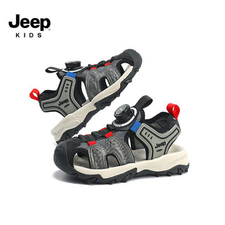 Jeep吉普儿童凉鞋男童轻便透气沙滩鞋2024女童夏季防滑中大童休闲鞋 黑/红 28码  鞋内约长17.7cm