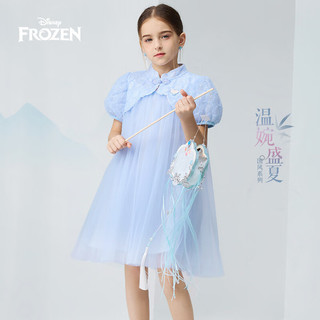 迪士尼（Disney）童装女童国风短袖连衣裙2024夏季儿童宝宝洋气裙六一儿童节 梦幻蓝 150
