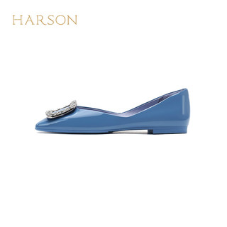 哈森2024春季漆皮夏日多巴胺系列舒适水钻方头女单鞋HS247155 蓝色 34