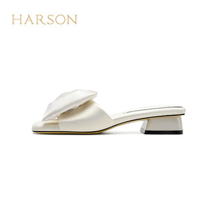 哈森气质高级感24夏时装拖鞋蝴蝶结方头粗跟外穿女凉拖鞋HWM240182 米白色 35