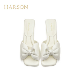 哈森气质高级感24夏时装拖鞋蝴蝶结方头粗跟外穿女凉拖鞋HWM240182 米白色 35