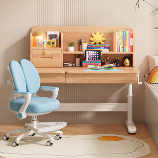 福岚实木学习书桌家用多功能书架一体写字桌卧室手摇升降桌椅套装 榉木单桌 1M书桌
