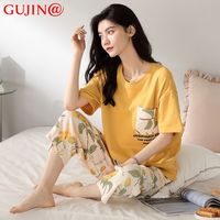 古今 GUJIN今@睡衣女士夏季2024短袖休闲大码七分裤可外穿家居服套装