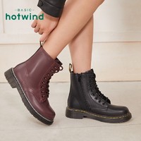 hotwind 热风 女靴冬季新款潮马丁靴系带圆头黑色方跟短靴女H95W1P01