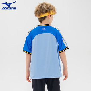 美津浓（MIZUNO）夏季潮童撞色拼接V领短袖T恤男中大童拼色运动T 浅蓝色 110cm