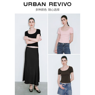 URBAN REVIVO 女士休闲简约纯色正肩U领短袖T恤 UWG440082 正黑 S