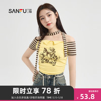SANFU 三福 短T恤2024夏季撞色条纹围脖蝴蝶图案短款上衣女装484531 粉黄色 160/84A/S