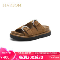 HARSON 哈森 拖鞋女2024夏季增高时尚高级感舒适一字式拖鞋女HWM240139 棕色 牛剖层革 36