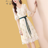 Keyin 可茵 连衣裙女装2024年夏季新款韩版宽松显瘦设计感通勤碎花雪纺裙子女 米白色 XL