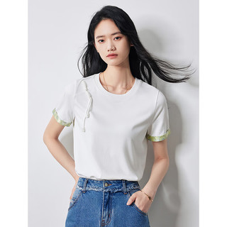 初语新中式盘扣圆领T恤女2024年夏季撞色设计气质上衣 米白色 M