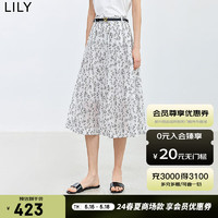 LILY2024夏女装莱赛尔天丝设计感印花复古百褶垂感高腰半身裙 604米白 S