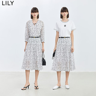 LILY2024夏女装莱赛尔天丝设计感印花复古百褶垂感高腰半身裙 604米白 S