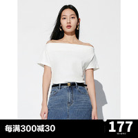 太平鸟一字肩针织T恤女短袖2024夏收腰修身显瘦纯色简约上衣 白色 L