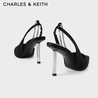 CHARLES&KEITH24夏亮钻链条腕带尖头高跟凉鞋女CK1-60280436 BLACK TEXTURED黑色纹理 36