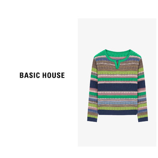 Basic House/百家好条纹撞色上衣女春夏款长袖针织衫-B0624B5G122 绿色 S85-115斤（卡码拍大）