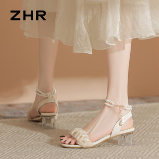 ZHR凉鞋女士2024年方跟时装一字带外穿夏季珍珠气质高跟鞋女 米色 35