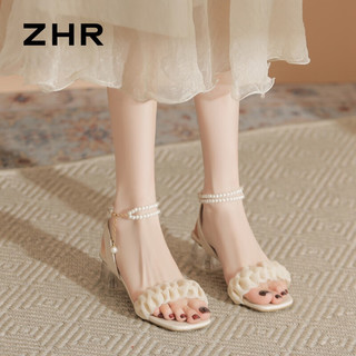 ZHR凉鞋女士2024年方跟时装一字带外穿夏季珍珠气质高跟鞋女 米色 37
