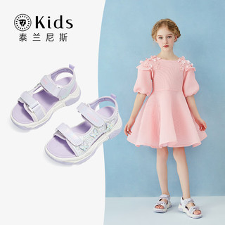 泰兰尼斯Kids夏季女童凉鞋中大童软底魔术贴时尚防滑沙滩鞋 紫色 32码 内长21.0cm适合脚长20.0cm